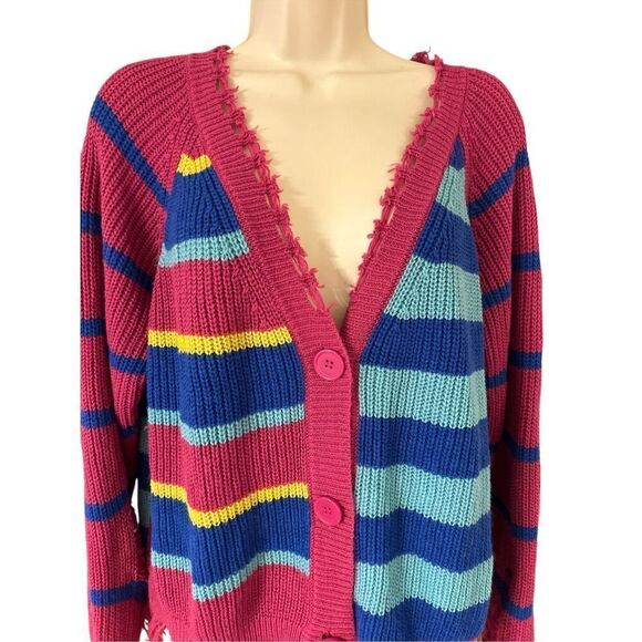 Vibrant chic Multicolor Striped shark bite cardigan sweater size medium - Picture 1 of 8